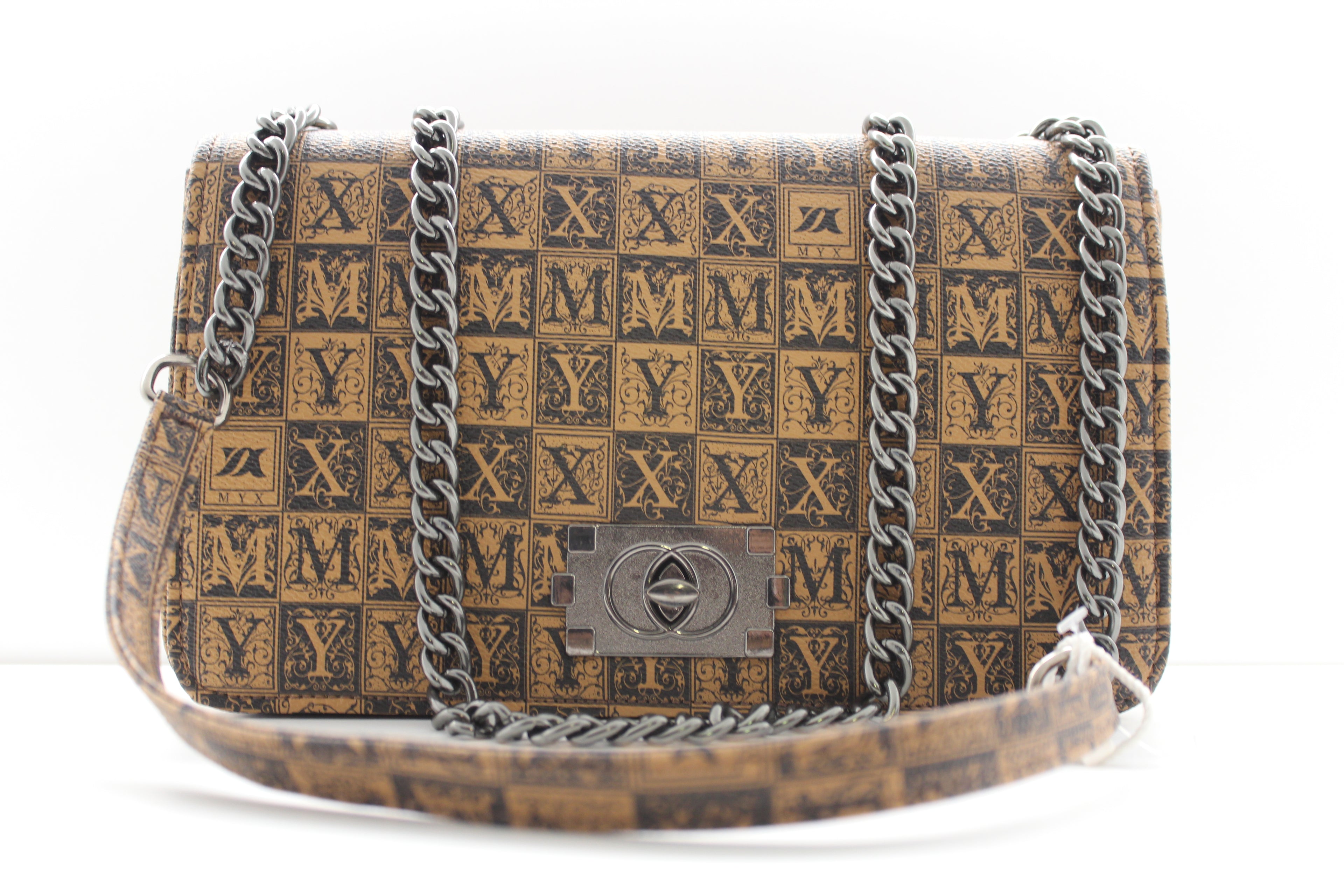 Brown & beige fashion bag with silver chain strap