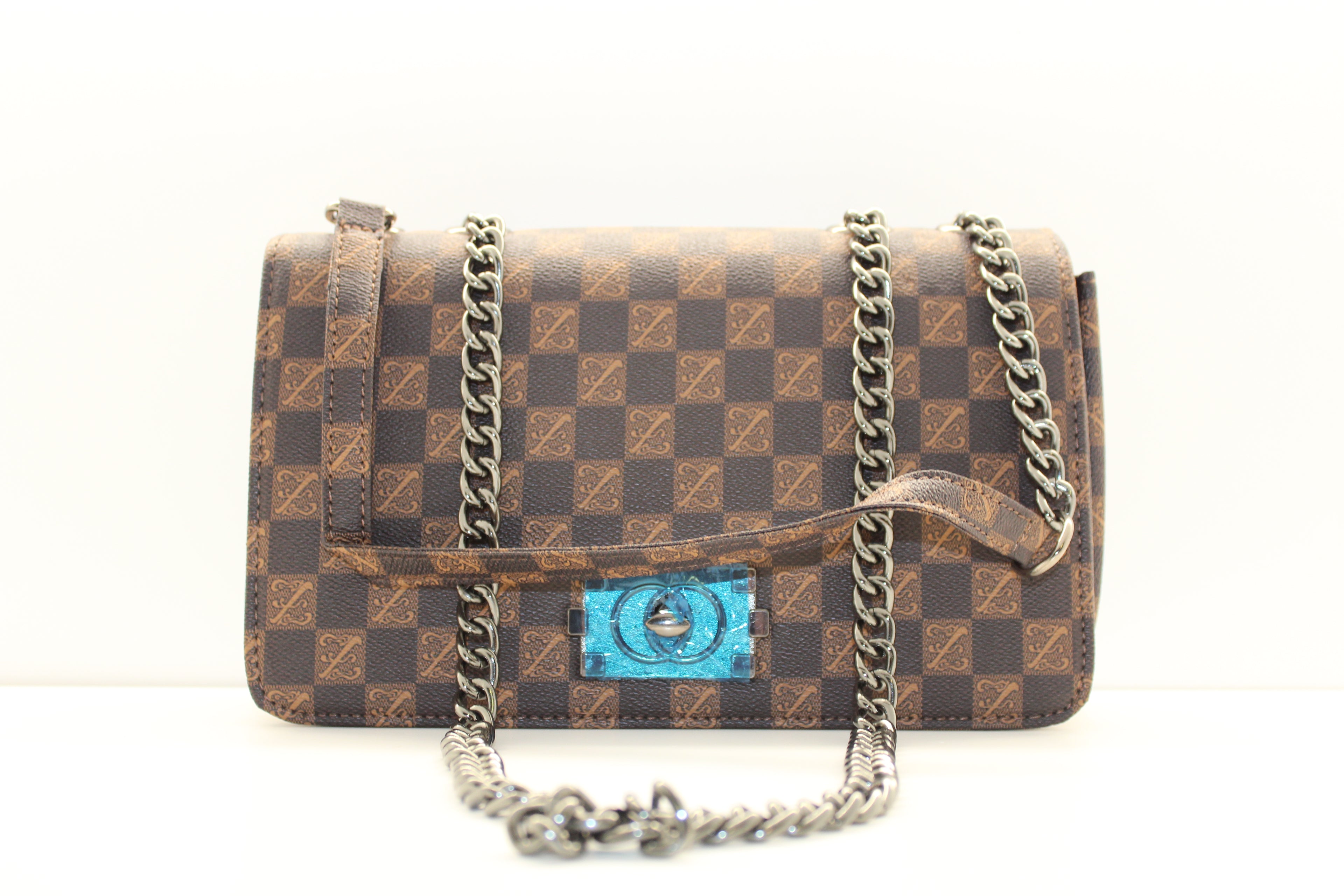 Brown & beige fashion bag with silver chain strap
