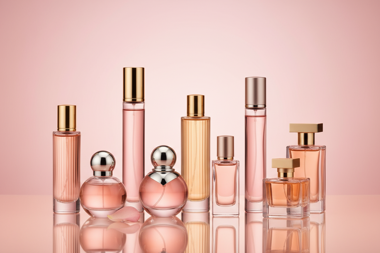 create an image with a light pink to peach background with perfumes